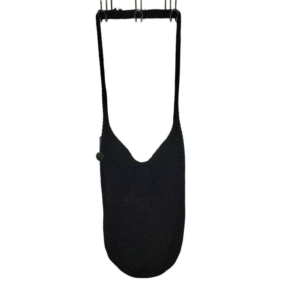 The SAK Crochet Knit Black Woven Hobo Shoulder Bag Purse Strap Damage See Pics